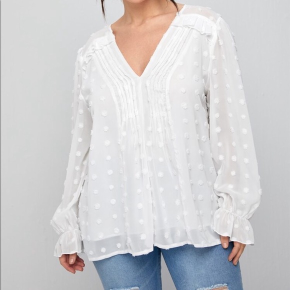 Boho Plus Size Swiss Dot Sheer Mesh Flounce Sleeve Top Blouse - Picture 4 of 5
